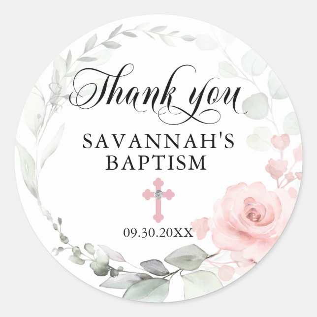 Sticker Rond Floral rose fille Christening Baptême Merci (Devant)