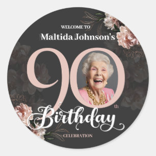 Sticker Rond Floral rose Grey Photo personnalisée 90e anniversa