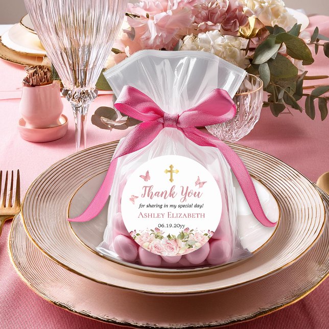 Sticker Rond Floral rose |Merci de la croix d'or des papillons (Pink Rose Floral and Pink Butterflies | Gold Tone Trinity Cross First Holy Communion Favor Stickers)