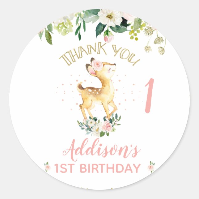 Sticker Rond Floral rose Oh Deer 1er anniversaire (Devant)