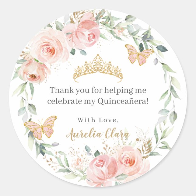 Sticker Rond Floral rose pâle Roses Quinceañera 16e anniversair (Devant)
