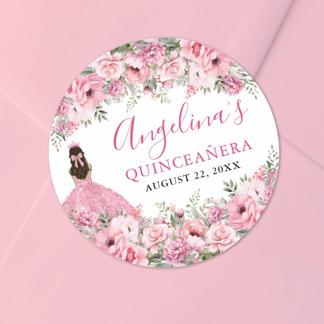 Sticker Rond Floral Rose Pink Quinceanera (Floral Rose Pink Quinceanera Classic Round Sticker)