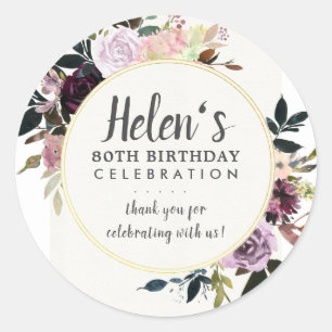 Sticker Rond Floral rose pourpre 80e Merci d'anniversaire