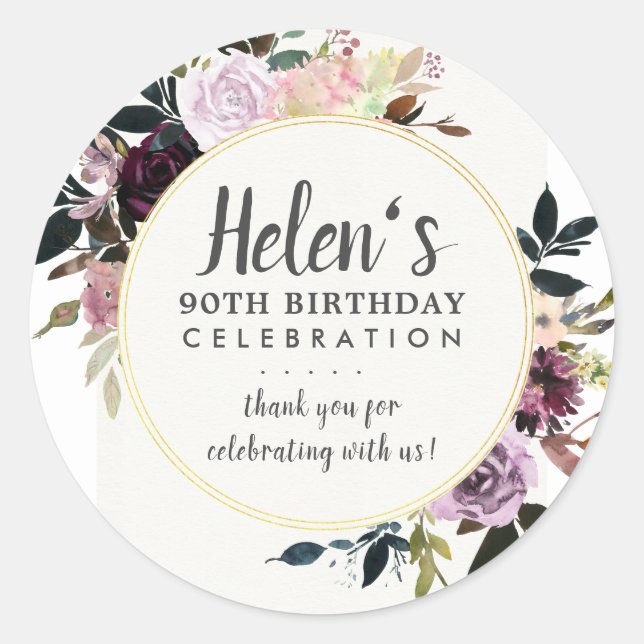 Sticker Rond Floral rose pourpre 90e Merci d'anniversaire (Devant)