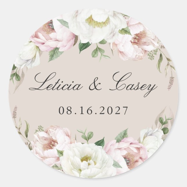 Sticker Rond Floral rose rose blanc pivoine beige Mariage (Devant)