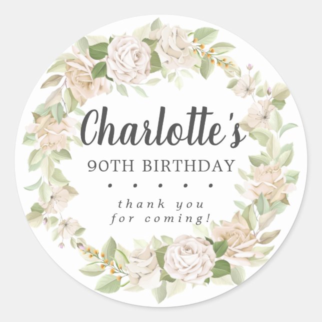 Sticker Rond Floral rose rustique 90e anniversaire Merci (Devant)