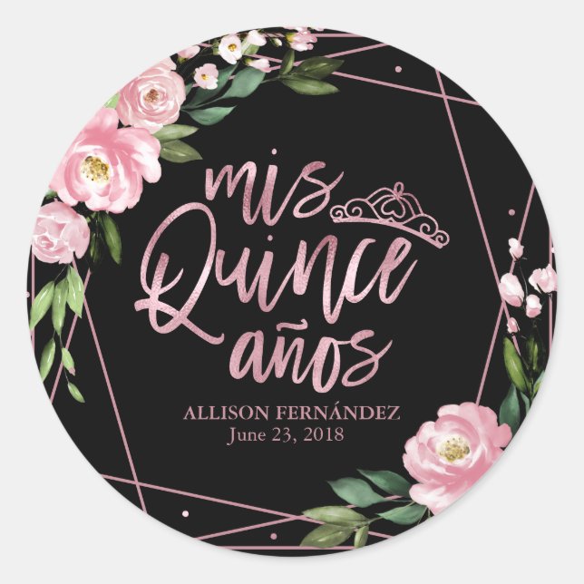 Sticker Rond Floral Rose Sur Quinceanera Noir (Devant)