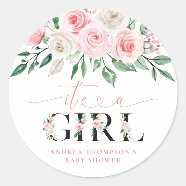 Sticker Rond Floral rose vif C'est un Baby shower féminin (Devant)