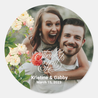 Sticker Rond Floral Rose Vintage Merci Calligraphie Classique 