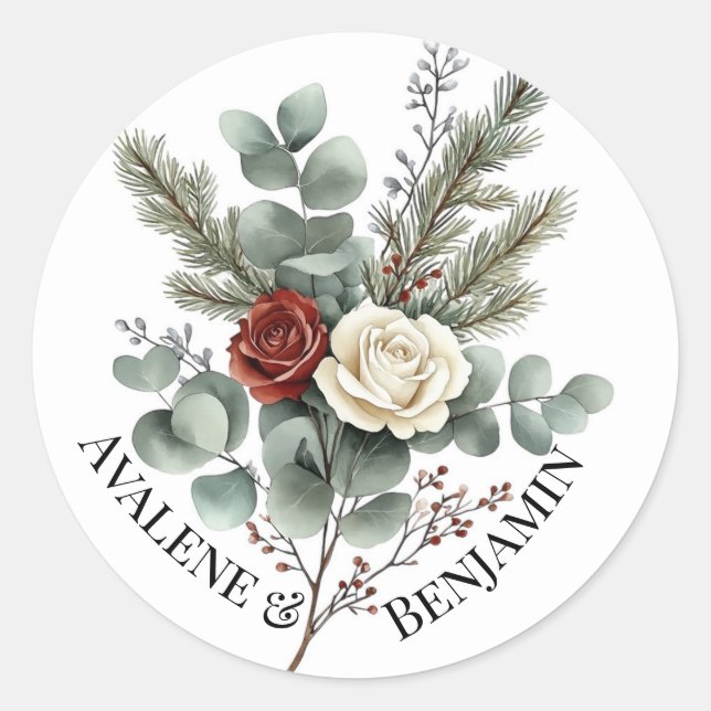 Sticker Rond Floral Rouge Blanc Noël Rose Mariage (Devant)