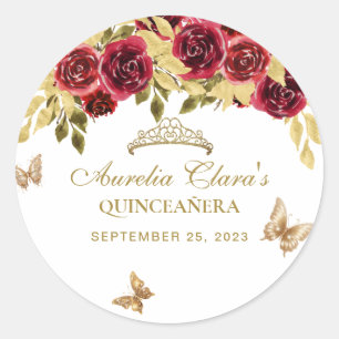 Sticker Rond Floral Rouge or Tiara Butterfly Quinceañera