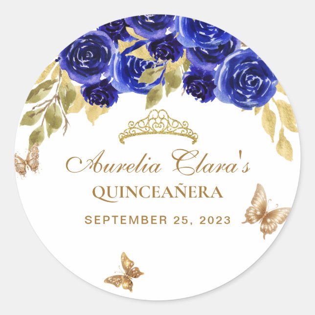 Sticker Rond Floral Royal Blue Gold Tiara Butterfly Quinceañera (Devant)