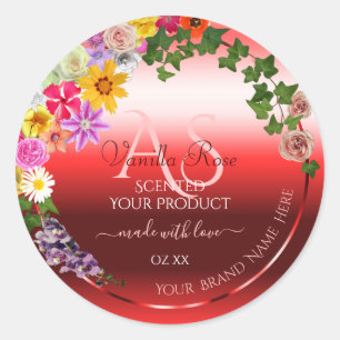 Sticker Rond Floral Ruby Red Gradient Produit Monogramme Étique