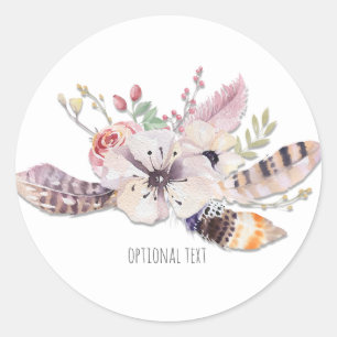 Sticker Rond Floral Rustique & Plumes Boho Chic Custom Favour