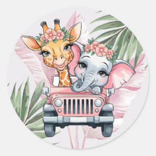 Sticker Rond Floral Safari aventure Baby shower fille rose