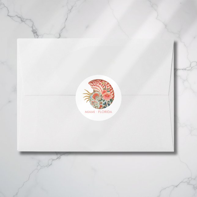 Sticker Rond Floral Seashell Coastal Nautical Beach Wedding (Floral Seashell Coastal Nautical Beach Wedding Classic Round Sticker)