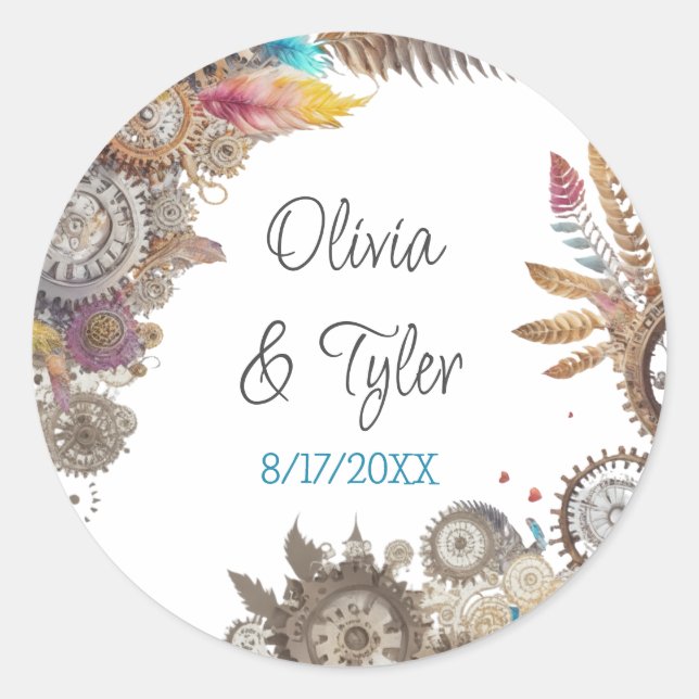 Sticker Rond Floral Steampunk Mariage Date et noms (Devant)