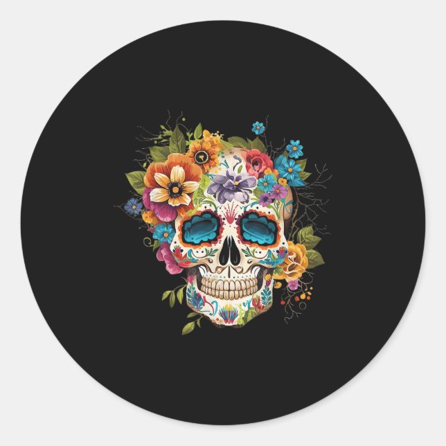 Sticker Rond Floral Sugar Skull Dia De Los Muertos Gothic Day O (Devant)