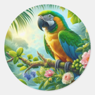 Sticker Rond Floral tropical macaw vert