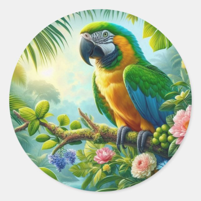 Sticker Rond Floral tropical macaw vert (Devant)