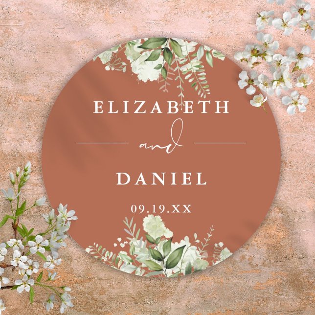 Sticker Rond Floral verdure Terracotta Mariage Favoriser (Floral Greenery Terracotta Wedding Favor Classic Round Sticker)