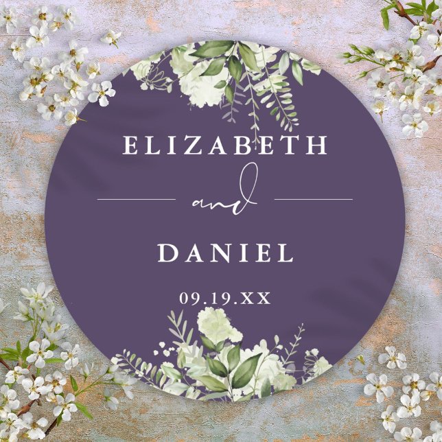 Sticker Rond Floral Vert Purple Mariage Favoriser (Floral Greenery Purple Wedding Favor Classic Round Sticker)