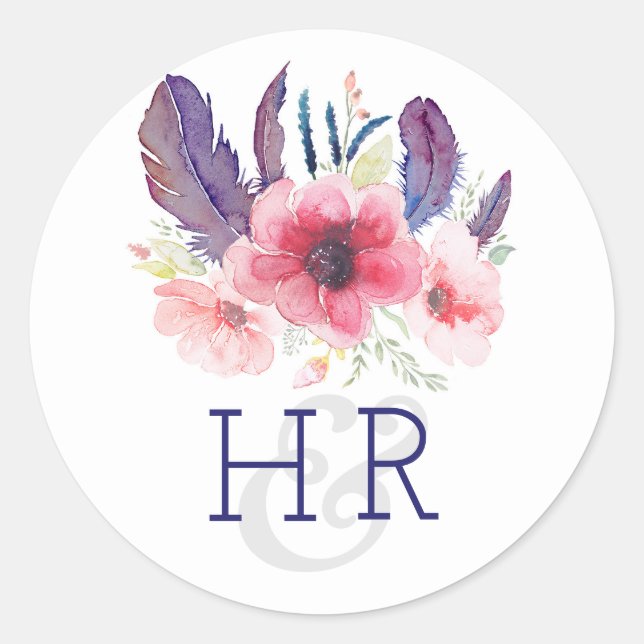 Sticker Rond Floral Vintage Boho Mariage aquarelle (Devant)