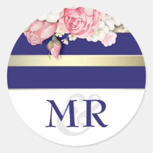 Sticker Rond Floral Vintage Navy Mariage blanc et or