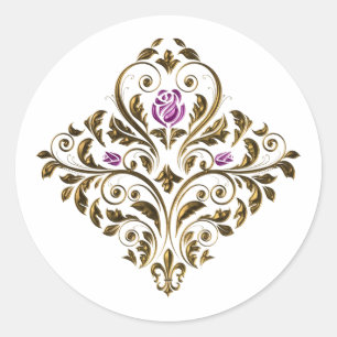 Sticker Rond Floral Vintage orné de violet et d'or