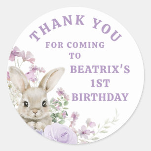 Sticker Rond Floral Violet Un Lapin Tournant Un 1Er Anniversair