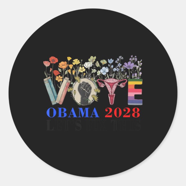 Sticker Rond Floral Vote Obama 2028 Réparons Ce Progrès Future (Devant)