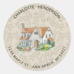 Sticker Rond Floral Watercolor House Adresse de retour