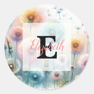 Sticker Rond Floral watercolor monogram pink blue dandelions 