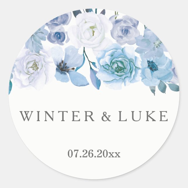 Sticker Rond Florales d'hiver : Bleu Blanc Mariage Faveurs (Devant)