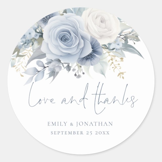 Sticker Rond Florales modernes Aimer Merci Dusty Mariage bleu (Devant)