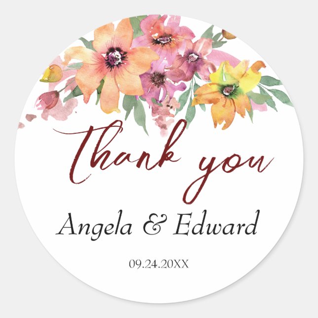 Sticker Rond Floraux Jaune, Orange Et Rose Mariage (Devant)