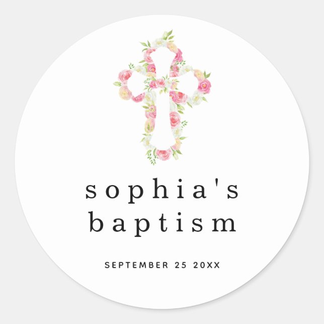 Sticker Rond Floraux rose minimal Nom croisé Date Fille Baptême (Devant)