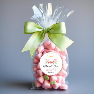 Sticker Rond Floraux roses et croix d'or baptême fille Merci