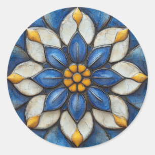 Sticker Rond Flore Azulejo bleu blanc et jaune