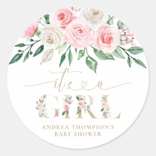 Sticker Rond Flore d'or rose vif C'est un Baby shower de fille