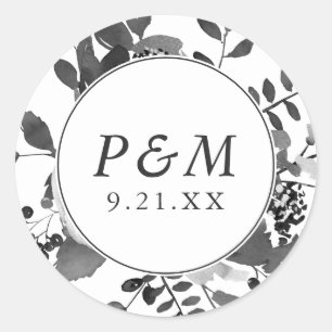Sticker Rond Flore grise et blanche Enregistrer la date Mariage