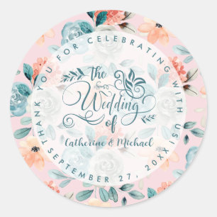 Sticker Rond Flore rose pâle Élégante calligraphie de mariage