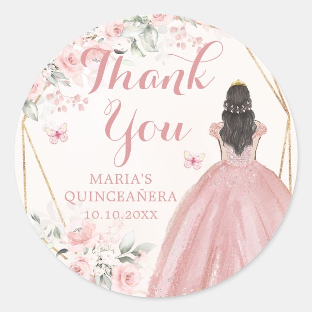 Sticker Rond Flore rose pâle, géométrique Merci Quinceañera (Devant)