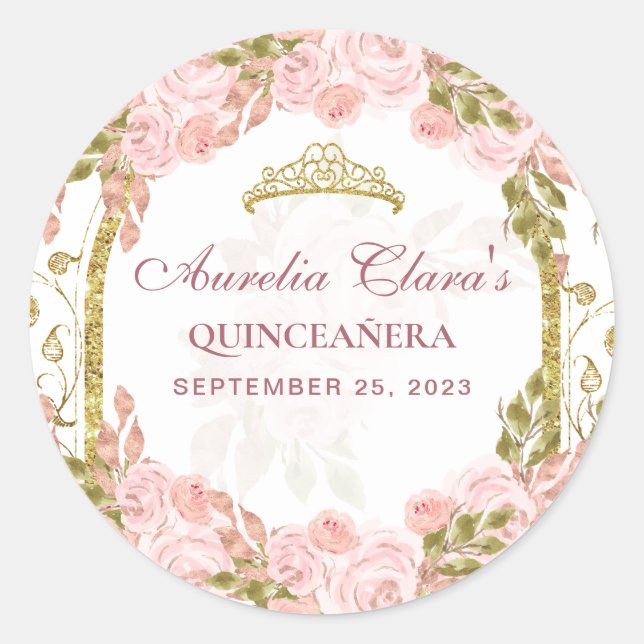 Sticker Rond Flore rose pâle Princess Gold Arch Quinceanera (Devant)