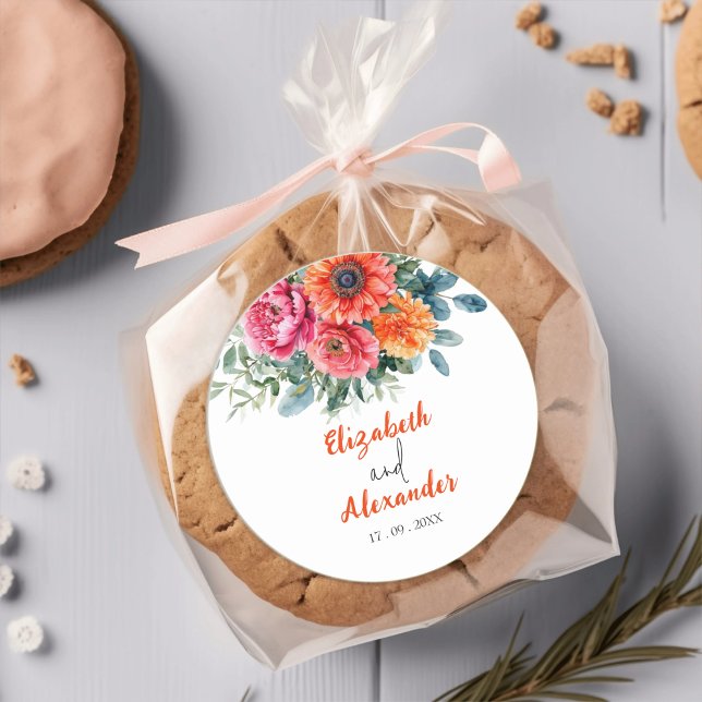 Sticker Rond Flore simple aquarelle | Orange et rose | Mariage (Créateur téléchargé)