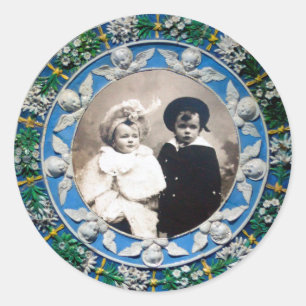 STICKER ROND FLORENTINE RENAISSANCE ANGELS BLEU MODÈLE PHOTO