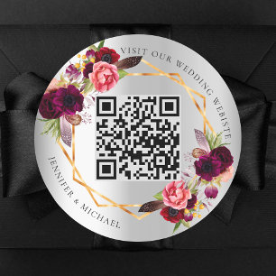Sticker Rond Flores bordeaux argenté or géométrique mariage QR