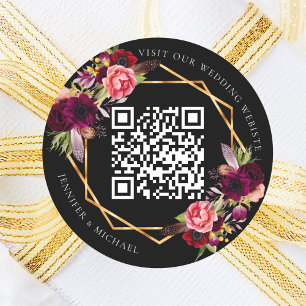 Sticker Rond Flores bordeaux noirs or géométrique mariage QR