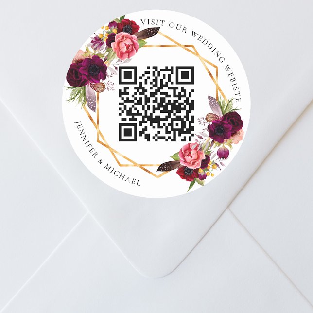 Sticker Rond Flores bordeaux or géométrique QR code mariage (Créateur téléchargé)