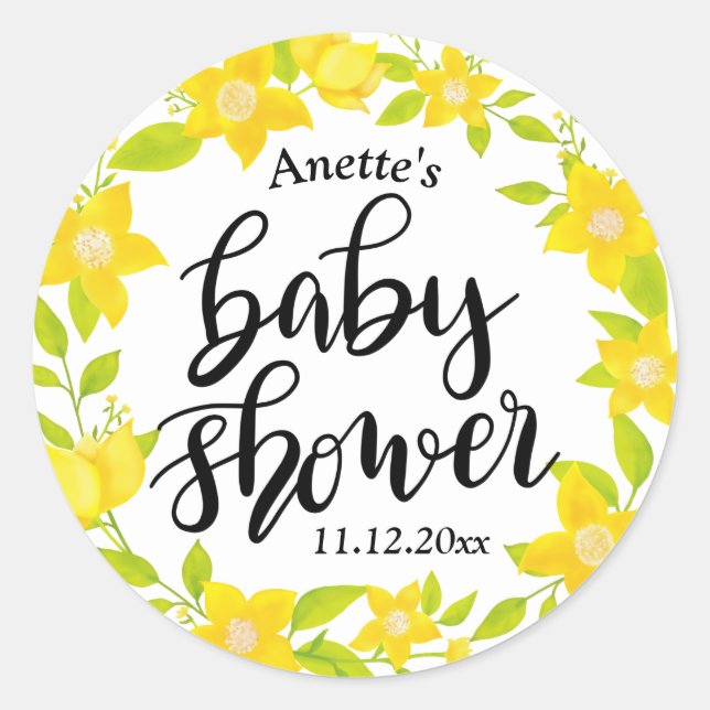 Sticker Rond Flores jaunes | Baby shower manuscrit (Devant)